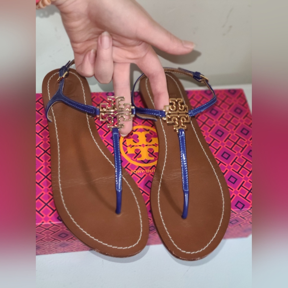 Tory Burch Designer Melinda Blue T Strap Sandals Slingback Flat 8.5 - Picture 9 of 11